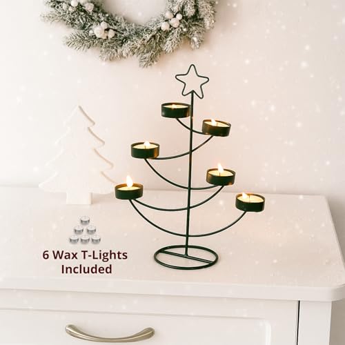 Image of MARKET 99 Star T-Lite Holder with 6 Wax T-Lites Included - Green Metal Xmas & Christmas Tree Star Design Glossy Candle Holder for Home, Living Room, Bedroom & Festival Decor