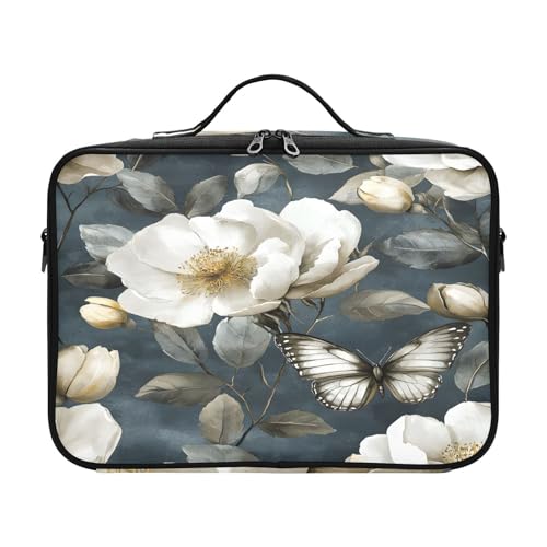 zyrtty Travel Makeup Train Case Flower White Pattern Butterfly Cosmetic Organizer Portable Storage Bag with Adjustable Dividers for Cosmetics Brushes Toiletry Jewelry Digital Accessories