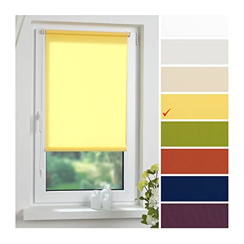 Liedeco® Rollo Klemmfix - 120 x 150 cm gelb (Breite x Höhe) / lichtdurchlässig Blickdicht und stufenlos verstellbar/leichte Innen-Montage ohne Bohren mit Klemmträger / 123 montiert
