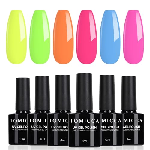 TOMICCA Set smalto gel UV Neon, 6 colori arancio blu giallo fluorescenti, smalto gel Soak-Off UV/LED, regalo per studio di manicure DIY a casa, 8ML