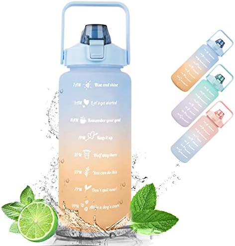 Water Bottle With Straw,2L Measured Plastic Drinking BPA Free Non-Toxic Sports Drinks Time Markings Motivational Fitness