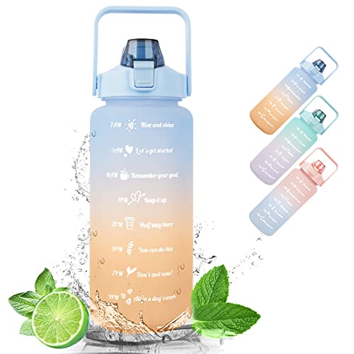 Water Bottle With Straw,2L Measured Plastic Drinking BPA Free Non-Toxic Sports Drinks Time Markings Motivational Fitness