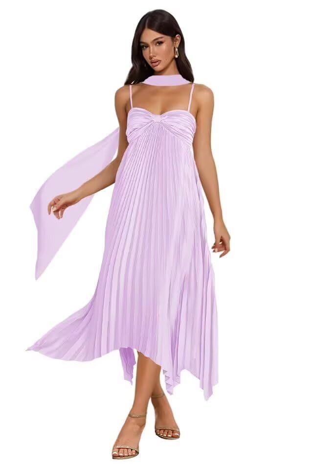 KDTM Tea Length Pleated Satin Bridesmaid Dresses for Women Spaghetti Straps Formal Wedding Guest Midi Dress KD058