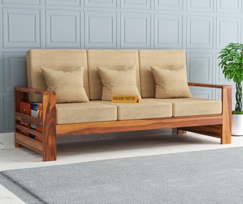 Image of Sheesham Wooden 3 Seater Sofa for Living Room | Rosewood 3 Seater Cushion Sofa with Side Rack | Solid Wood Sofa Set for Lounge (3 Seater,Honey)