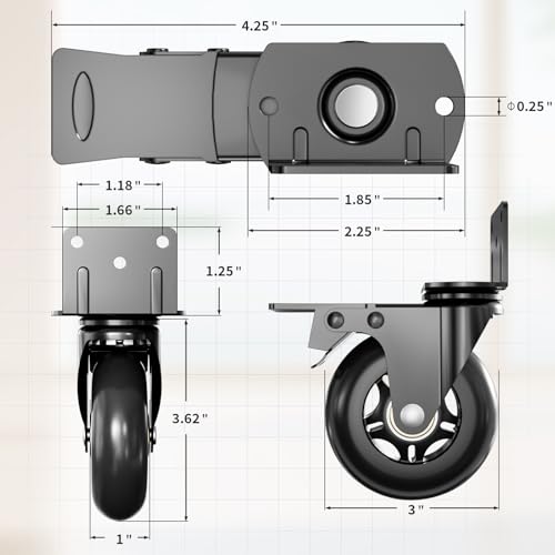 Image of Apllamo 3 in Side Mount Plate Caster Wheels Heavy Duty 1200 LBS | Thickened L-Shaped, 360 Swivel, Locking Dual Brake, Quiet Non-Marking Black Wheels, Set of 4 for Furniture, Carts, Cabinet