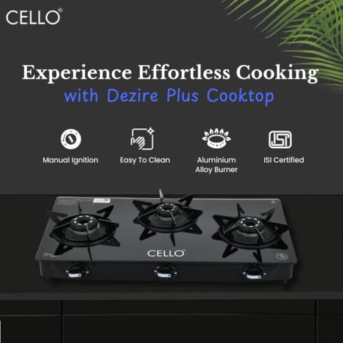 Image of Cello Dezire Plus 3 Burner Gas Stove | 6mm Toughened Glass | Manual Ignition | ISI Certified | Rapid Alloy Burnes | 1 Year Warranty | Hexa Pan Supports