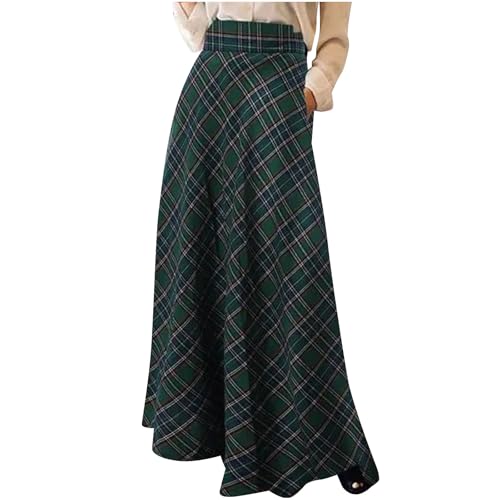 Women Maxi Plaid Skirts A Line High Waisted Pleated Tartan Full Length Flowy Long Skirts Christmas Holiday Outfits Long Plaid Skirt Green XL