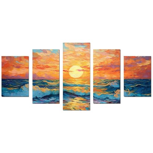 Tableaux pour la mur du salon : paysage abstrait lever du soleil, 5 panneaux modernes