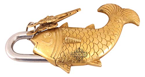 Image of IndianArtVilla Handmade Old Vintage Style Antique Fish Shape Brass Security Lock with 2 Keys|Home Temple Office