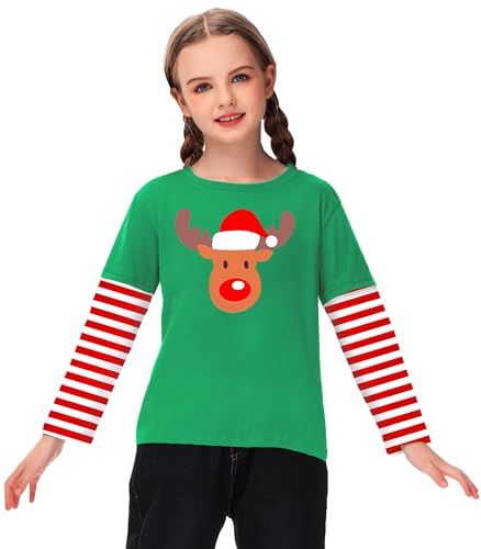 Image of Remimi Unisex Kids Christmas Long Sleeve Shirt Xmas Print Stripe Shirts 2-12 Years