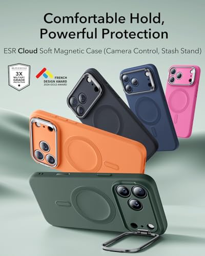 Image of ESR Silicone Case for iPhone 17 Pro Max, Built-in Camera Stash Stand Compatible with MagSafe, Military-Grade Drop Protection Magnetic Phone Case for iPhone 17 Pro Max, Cloud Series, Olive Green