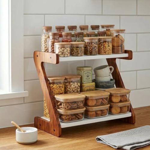 Image of Kitchen Organizer Rack - Multi-Purpose Kitchen Stand for Countertop & Cabinet Storage | Heavy-Duty Kitchen Rack Organizer for Spices, Utensils, Dishes & Pantry Items (2 Tier Z shape Rack)