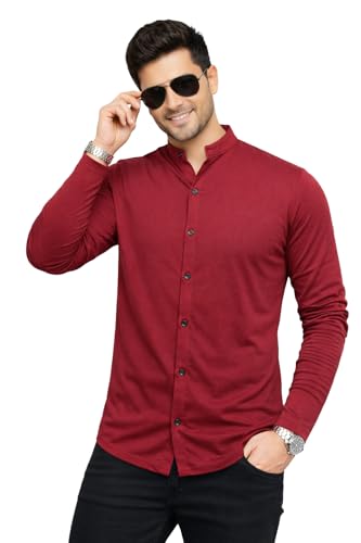 Image of Blisstone Men's Band Collar Shirt - Full Sleeve Slim Fit Casual Cotton Blend Mandarin Collar Button Down Shirt