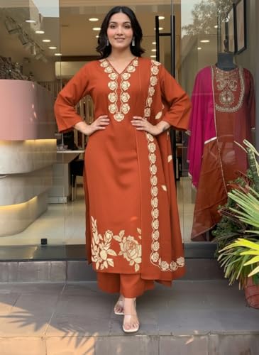 Image of ANNI Designer Women Embroidered Straight Kurta Palazzo Dupatta Set Rayon Viscose Kurti Pant Set Ladies Ethnic Wear for Office Festive Daily Use