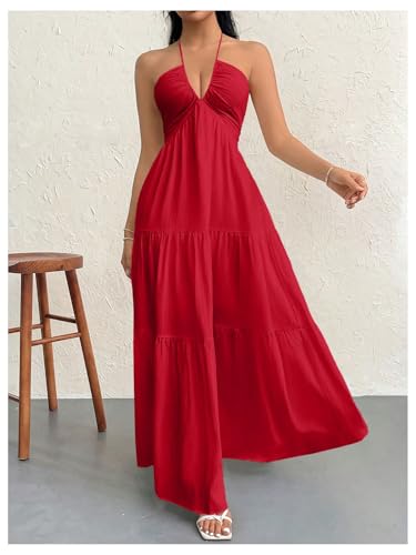 Image of SHENHE Women's Deep V Neck Tie Knot Backless Halter Dress A Line Flowy Ruffle Maxi Dress