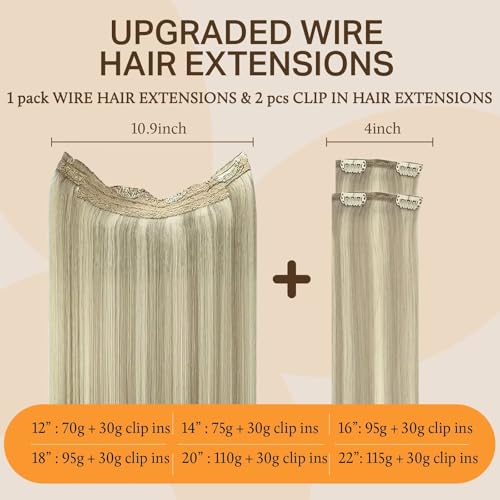 Image of DOORES Wire Hair Extensions, 14 Inch 75g Fish Line Weft Extensions and 2pcs 30g Clip ins Ash Blonde Highlighted Platinum Blonde, 100g Invisible Seamless Wire Real Human Hairpiece