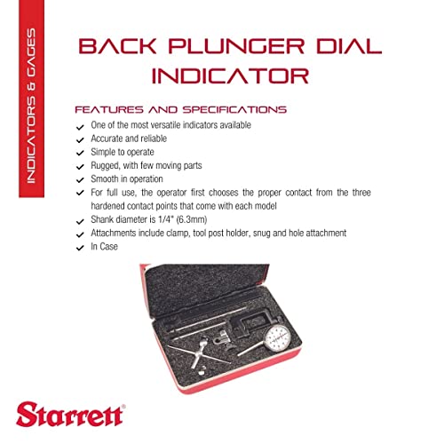Starrett Universal Dial Test Indicator Set With Back Plunger For Full Use - White Face, 0-100 Reading.200" Range, 0.001" Graduation, 1/4" Shank Diameter For Mounting - 196A6Z #TOP1