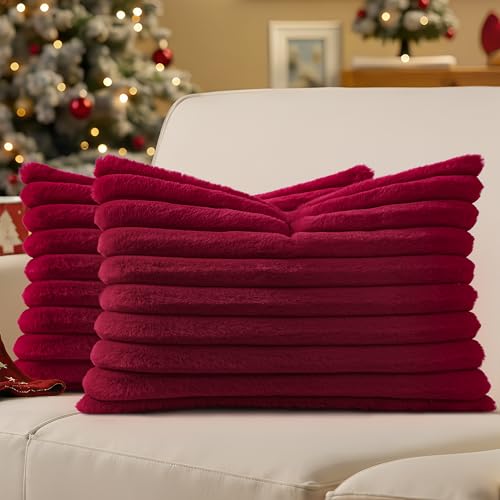 decorUhome Fall Faux Fur Throw Pillow Covers 12x20 Set of 2 Burgundy