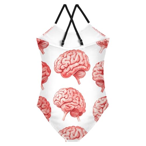 Pigsaly Girls One Piece Swimsuits Watercolor Cute Red Human Brain Body Kids Cross Back Swimwear Beach Sport Bathing Suit 3T2