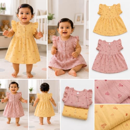 Image of Lilimi Toddler Baby Girl Cotton Muslin Dress, Breathable Flutter Sleeve Button-Front Cute Frocks