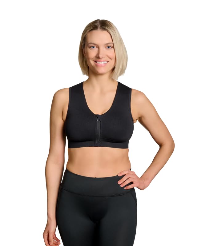 Tommie Copper Zip Front Back Support Bra for Women Seamless Compression Wireless Bra with Front Zipper Posture Support Full Coverage Everyday Comfort Bra Black Small