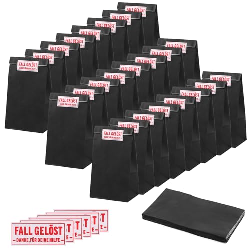 24 Stück Papiertüten zum Befüllen mit 24 Aufkleber Detektiv, Geschenktüten Kindergeburtstag, Geschenktasche Mitgebsel Tüten aus Kraftpapier, Schwarz Fall Gelöst Detektivparty für Junge, Mädchen