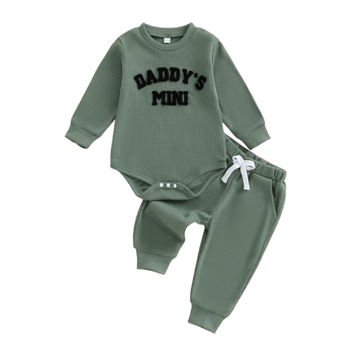 Image of Kupretty Baby Boy Clothes 3 6 12 18 Months Fall Winter Outfit Mama's Boy Embroidery Waffle Long Sleeve Romper Pants Set