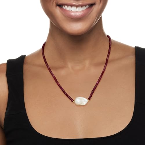 Ross-Simons 24x13mm Cultured Baroque Pearl and 70.00 ct. t.w. Ruby Bead Necklace With 18kt Gold Over Sterling. 18 inches2