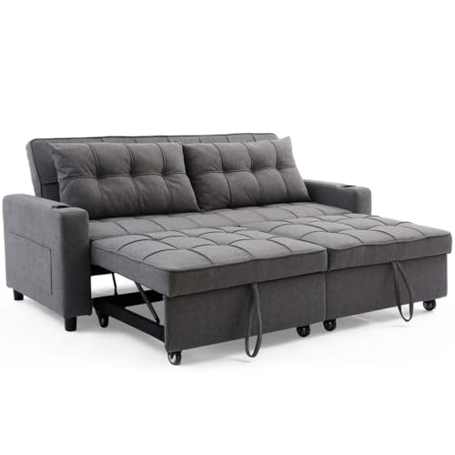 More4Homes HUDSON 3-SEATER SOFA BED LINEN FABRIC WITH CUP HOLDERS GREY - Image 4