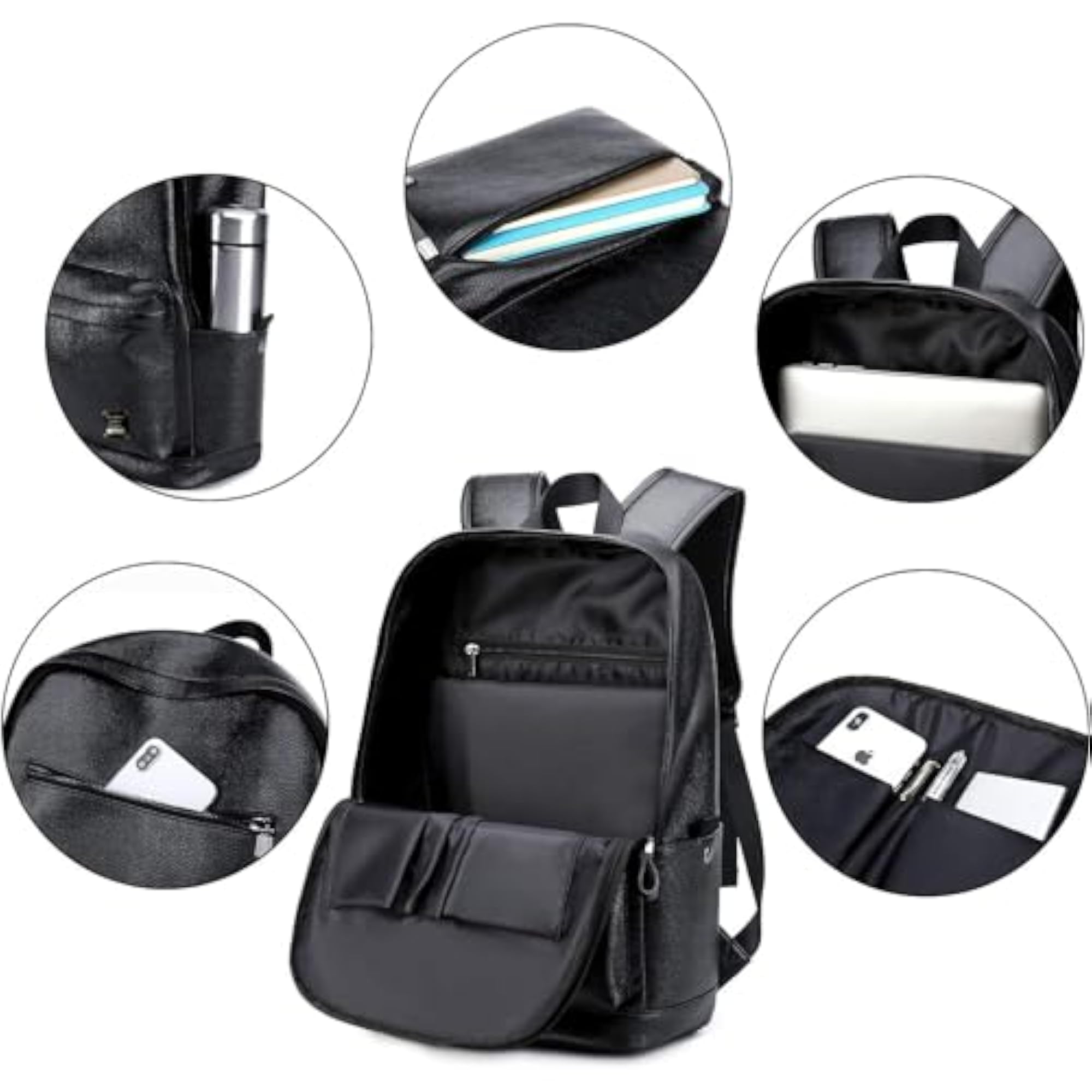 Black Leather Laptop Backpack for Men Women