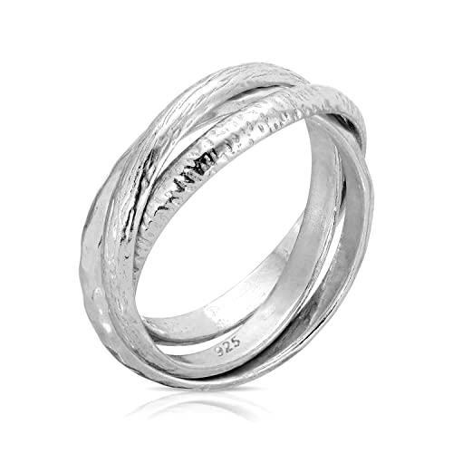 Minddha Pure Sterling Silver Rings - Crisscross Rings For Women - Interlocking Silver Rings - 925 Silver Triple Row Ring - Stylish Hammered Handmade Ring - Christmas, Valentines, Birthday, Women's Day, Mothers Day Gifts - Made In Israel, Each Band 2.5Mm Size 7 #TOP3