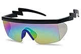 Large Wrap Around Rainbow Mirrored Semi Rimless Flat Top Shield Goggles Sunglasses (Black Blue Frame | Rainbow Mirror)