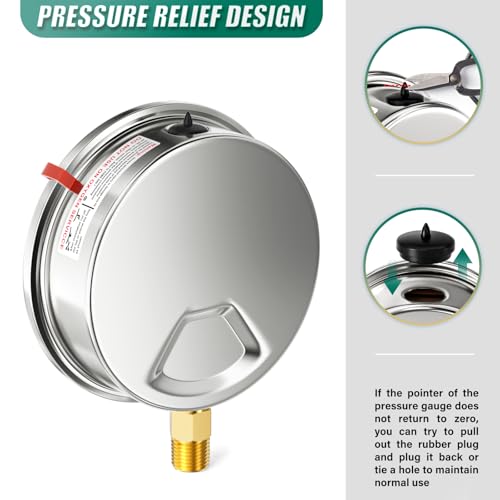 Image of 0-60PSI Stainless Steel Liquid Filled Pressure Gauge, 4 inch Dial Size, 1 /4 inch NPT Lower Mount, for Tube, Water Pump, Gas, Liquid, Pressure Test (with Range Mark Pointer)