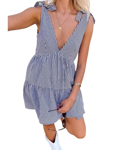 Image of utcoco Women's 2025 Summer A Line Flowy Plaid Mini Dress Y2k Tie Shoulder Babydoll Dress Beach Vacation Outfits