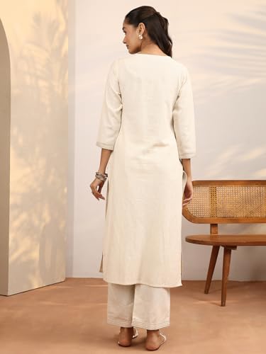 Image of Libas Embroidered Cotton Blend Straight Kurta Set for Women | ethnic wear | bridal suit | wedding dress | occasion wear