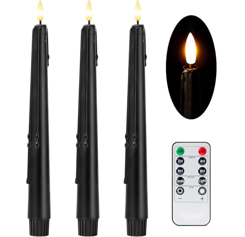 Image of Stmarry Black Flameless Taper Candles with Remote and Timer - 9.65 Inch Real Wax LED Candlesticks - Wax Drip Battery Operated Halloween Taper Candles with 3D Flickering Flame Halloween Decor, 3 Pack