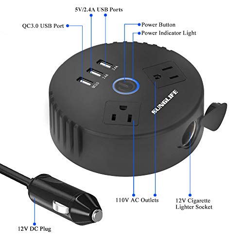 SUNGLIFE 150W Car Power Inverter, DC 12V to 110V AC Converter with 1 Socket Cigarette Lighter Adapter