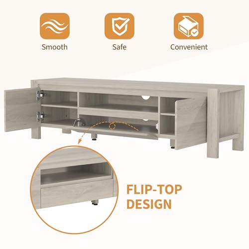 Image of TV Stand with Cabinet Doors, Entertainment Center with Adjustable Shelves, Media Console with Cable Management for Living Room or Bedroom，Grey
