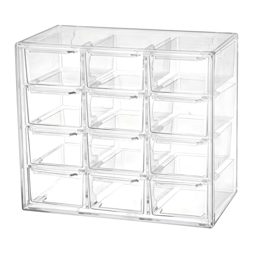 Organizador de Escritorio Apilable con 12 Cajones - Caja de Almacenamiento Transparente de Plástico para Materiales Manualidades, Oficina, Costura, Cosmética y Joyería