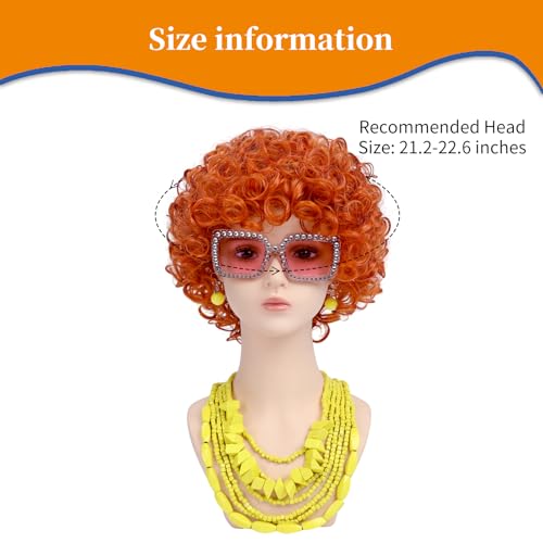 Image of Women Roper Curly Orange Red Cosplay Wig with Necklace Earrings and Sunglasses for Women Hallween Costume Wig