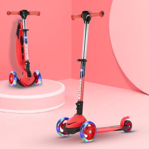Image of AMAZON BRAND JAM & HONEY 3 Wheel Kids Scooter with RGB Light-UP Wheels,Foldable Design & Height Adjustment-BIS Certified-Indoor & Outdoor USE, RED /Blue (UP to 20 KG)