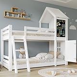 HUQIQWE Etagenbett Weiß 90x200 Mit Fenster Und Dach, Kleine Tür + Tafel, Hausbett Look, 3-Stufige Schrägleiter, Hochbett Aufbau Mit Lattenrost, Bettgestell Für Schlafzimmer Spielzimmer