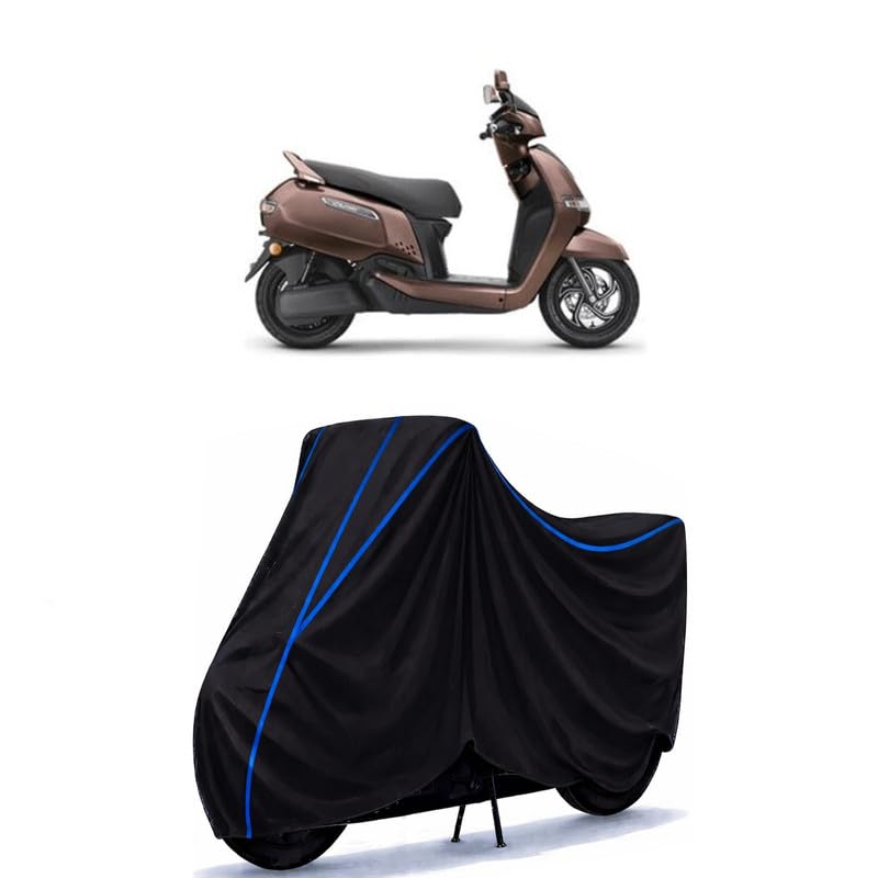 Image of Scooty Cover Water Resistant for iQube Standard | Universal Scooter & Bike Cover | Heavy Duty UV Dust, Rain & Scratch Protection | Elastic Fit All Weather Indoor Outdoor | Black with Blue Piping