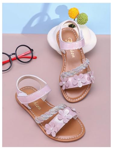 GORGLITTER Girl's Flower Ankle Strap Flat Sandals Glitter Rhinestone Round Toe Summer Beach Vacation Sandal Slippers2