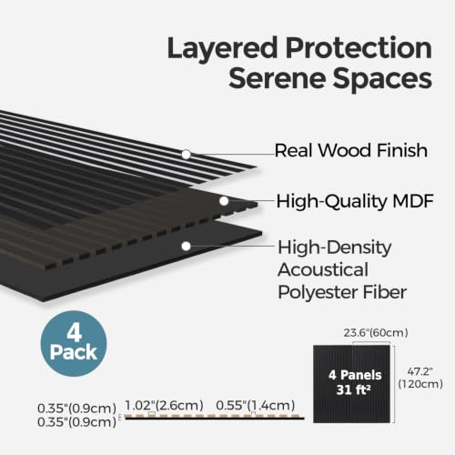 Image of AKUMAX Extra-Thick 0.7 inch Wood Slat Acoustic Wall Panels, 4 Pack 47.2 inch x 23.6 inch, 31 ft, NRC 0.80 Sound Absorbing 3D Slat Wall Paneling with Real Wood Veneer, E0 MDF and PET Felt, Black Oak