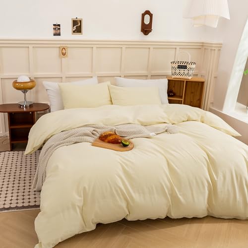 Image of ECOCOTT Duvet Cover King Size, 100% Washed Cotton Linen-Like Soft & Breathable, Durable Comfy Bedding Set for All Seasons Light Yellow