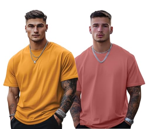 Image of Veirdo Solid Oversized 100% Pure Cotton Combo T-Shirt for Men & Boys (Half Sleeves, Round Neck, Drop Shoulder, Baggy Fit, Pack of 2, Available in S to 2XL