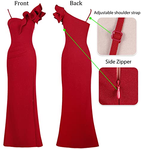 Image of VFSHOW Womens Ruffle One Shoulder Strap Ruched Formal Prom Wedding Maxi Dress V Neck Elegant Split Cocktail Evening Long Gown