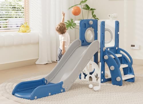 Glaf Toddler Slide, Indoor Backyard Play, 6-in-1 HDPE Climber Playset (Blue)