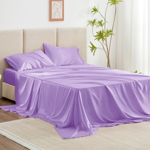 Love's cabin Full Size Satin Sheet Sets - 4 Piece Lavender Silky Sheet Set with Deep Pocket, Luxury Silk Feel Satin Sheets Full Bedding Set (1 Flat Sheet,1 Fitted Sheet,2 Pillow Cases)